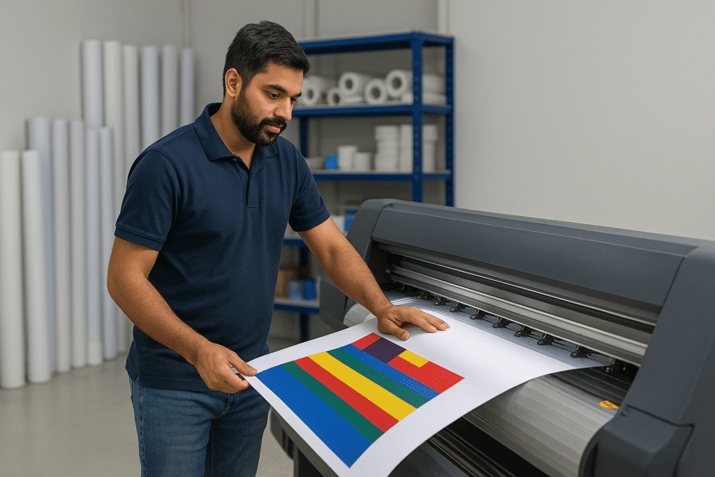 about uWedding flex banner with floral design T-shirt with custom print Black t-shirt with white business logo print Acrylic nameplate Minimal acrylic nameplate with gold letters Banner being installed Team installing a large shop banner in Indore Your shop setup Indori Banner Wala printing setups